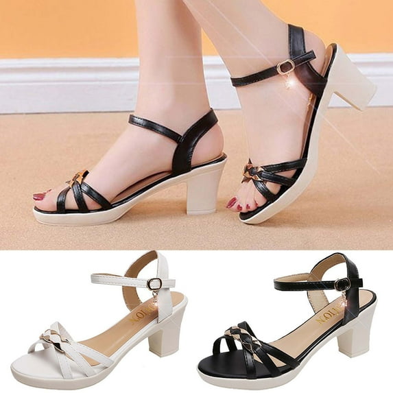 Kmdttou Shoes for Women Summer Casual Round-toe Sandals Middle Heel Metal Buckle Fashion Sandals With Comfortable Plantar Fasciitis Arch Support(Size:35-40)