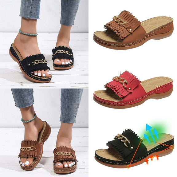 Kmdttou Shoes Women Summer Fashion Casual Comfortable Slippers Slope Heel Tassels Decoration Slippers With Comfortable Plantar Fasciitis Arch Support(Size:36-43)