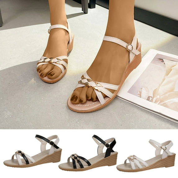 Kmdttou Shoes Women Summer Fashion Wedge Sandals Thick Bottom Solid Color Metal Buckle Sandals With Comfortable Plantar Fasciitis Arch Support(Size:35-40)