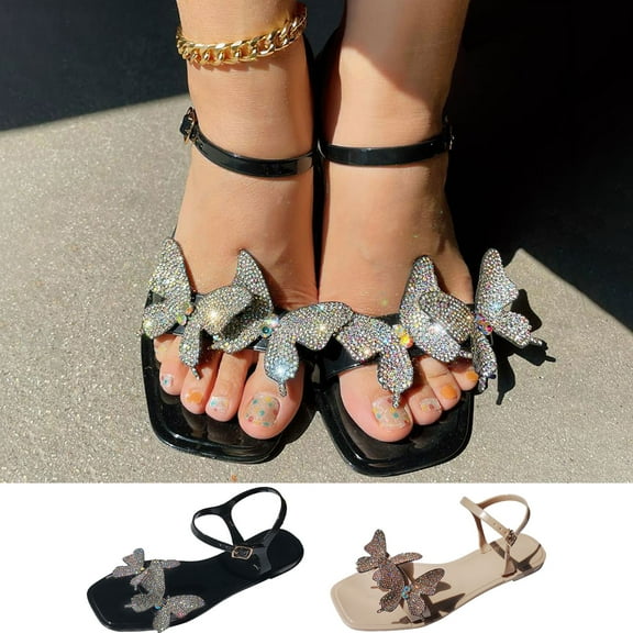 Kmdttou Shoes for Women Summer Strap Rhinestone Flat Shoes Comfortable And Casual Flat Sandals With Comfortable Plantar Fasciitis Arch Support(Size:36-41)