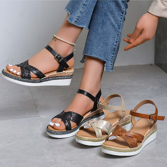 Kmdttou Shoes for Women Sandals Casual All-match Shoes Black Heeled Sandals Platform Wedge Sandals For Dressy Summer on Clearance(Size:36-42)