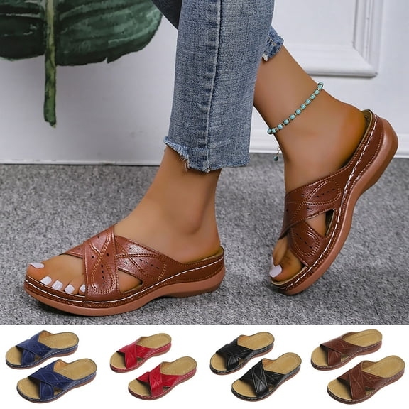 Kmdttou Shoes for Women Sandals Flat Arch-support Sandals Shoes Beach Orthopedic Sandals Summer Non-Slip Causal Slippers on Clearance(Size:35-43)