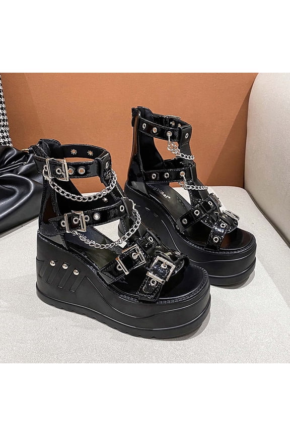 Shoes for Women Sandals Flat Summer Punk Platform Sandals Open-Toe Metal Buckle Back Zipper Sandals on Clearance(Size:35-43)