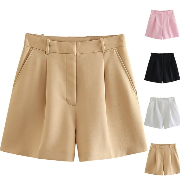 Kmdttou Stretchy Workout Shorts Ladies Summer Fashion Versatile High Waist Pleated Casual Shorts on Clearance,Khaki L