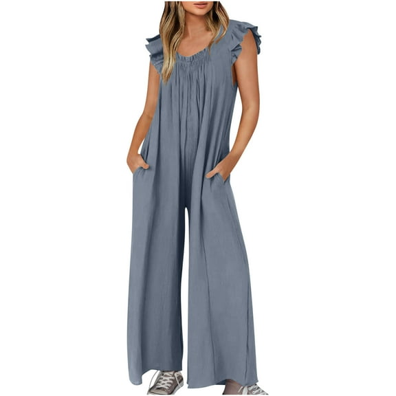 Kmdttou Summer 50% off Clearance! Womens Fashion Summer Solid Casual V Neck Sleeveless Belted High Waist Long Pants Rompers on Clearance!