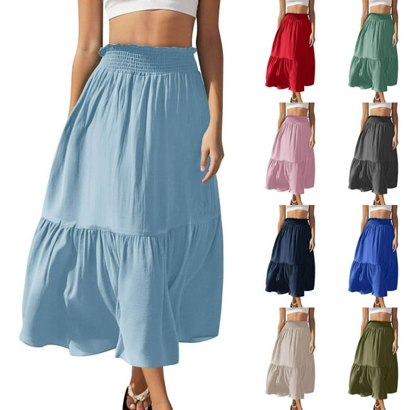 Kmdttou Summer Skirts for Women 2025 Fashion Women‘s Solid Color Casual Elasticity High Waist Tiered Skirts Beach Sundress with Pockets Gift for Women