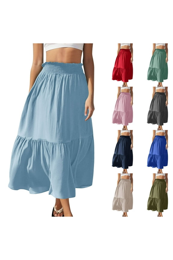 Summer Skirts for Women 2025 Fashion Womenâs Solid Color Casual Elasticity High Waist Tiered Skirts Beach Sundress with Pockets Gift for Women