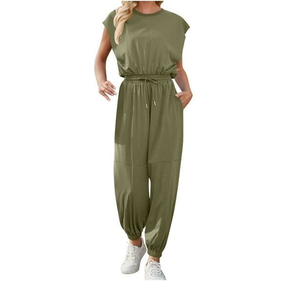 Kmdttou Sweatsuits Active Jogging for Women's Sleeveless Loose Overalls Rompers Linen Wide Leg Jumpsuits on Clearance!
