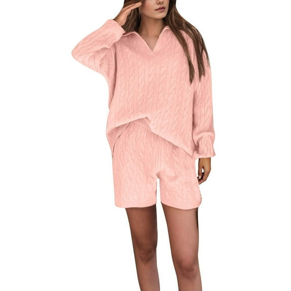 Kmdttou Sweatsuits Fashion Cozy for Women' Fall And Winter Casual Solid Color Fashionable Knitted V-neck Sweater Shorts Two Piece Set Suit on Clearance!