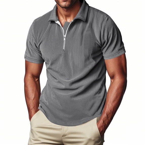 T Shirts for Men Collar Neck Solid Color Half Zipper Pullover Turn Down Collar Vertical Short Sleeve Shirt Undershirt on (Size:S-3XL)
