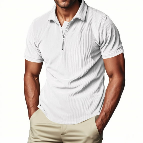 T Shirts for Men Collar Neck Solid Color Half Zipper Pullover Turn Down Collar Vertical Short Sleeve Shirt Undershirt on (Size:S-3XL)