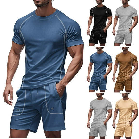 Kmdttou T Shirts for Men Crew Neck Short Sleeve Summer Sportswear Set Casual Sports Shoulder Shorts 2-piece Set Top/shirt Set on Clearance (Size:S-3XL)