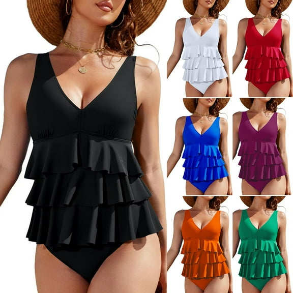 Kmdttou Tankinis Swimsuits for Womens High Waisted Bikini Sets Ruffle Sling Swimsuits Crisscross Tie Back Bathing Suit Swimwear Summer 65% off Clearance!