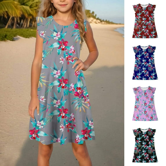 Kmdttou Toddler Girls Dress Summer Ruffle Sleeve Sundress Outfit For Kids 4-14T