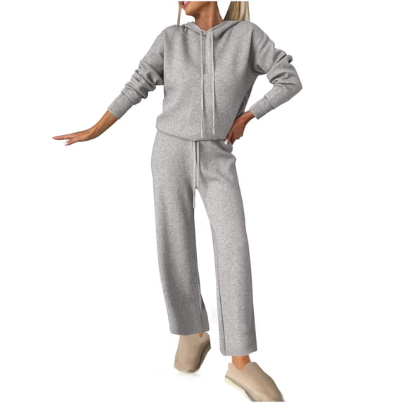 Kmdttou Track Suits for Women' Fall And Winter Casual Solid Color Fashionable Hooded Top And Wide Leg Drawstring Pants Set Suit on Clearance!