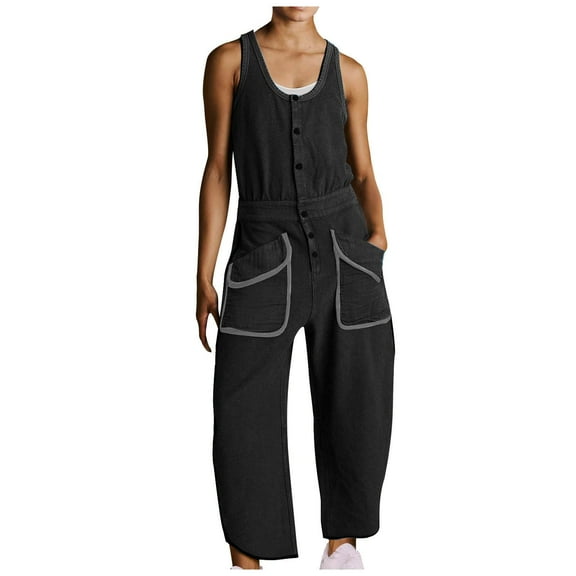 Kmdttou Up to 30% off! Women'S Spring/Summer Solid Color Casual Round Neck Button Sleeveless Waist Pocket Sports Jumpsuit Pants on Clearance!