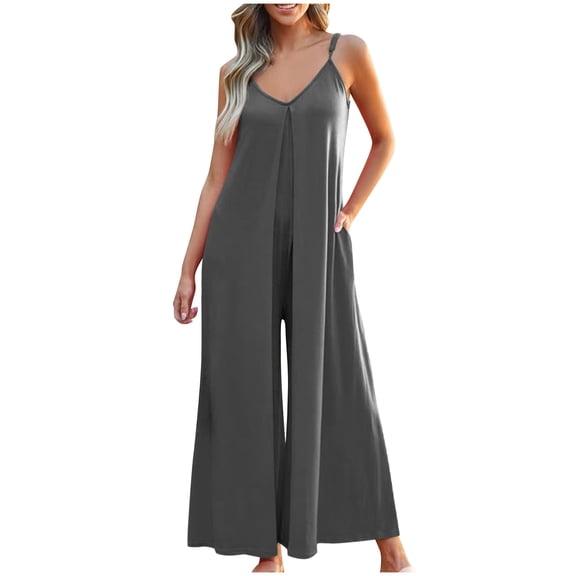 Kmdttou Up to 30% off! Women Strap Jumpsuit Summer New Style Solid Color Pocket Casual Jumpsuit Female on Clearance!