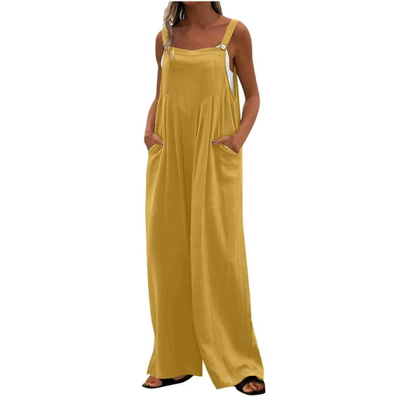 Kmdttou Up to 30% off! Women's Printed Jumpsuit Casual Button Pocket Sleeveless Wide Leg Trousers on Clearance!