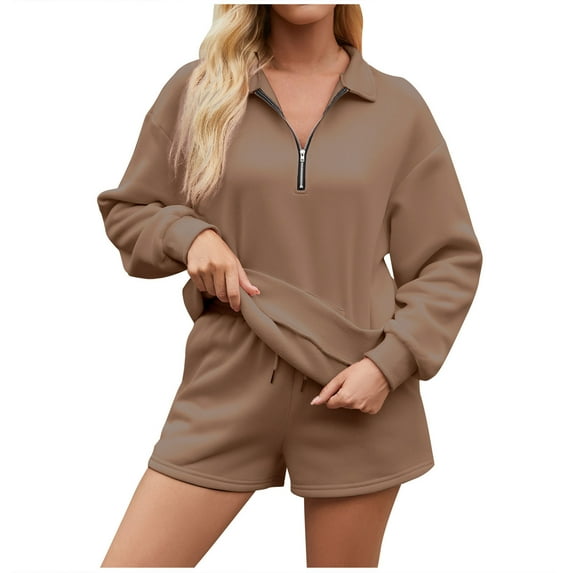 Kmdttou Up to 30% off! Women's Solid Color Half Zipper Lapel Sweatshirt With Pocket And Short Pants Two-piece Set on Clearance!