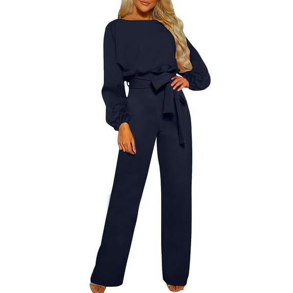 Kmdttou Up to 40% off! Women'S Fall/Winter Solid Color Long Sleeved Crew Round Neck Jumpsuit With Belt Jumpsuit Pans on Clearance!