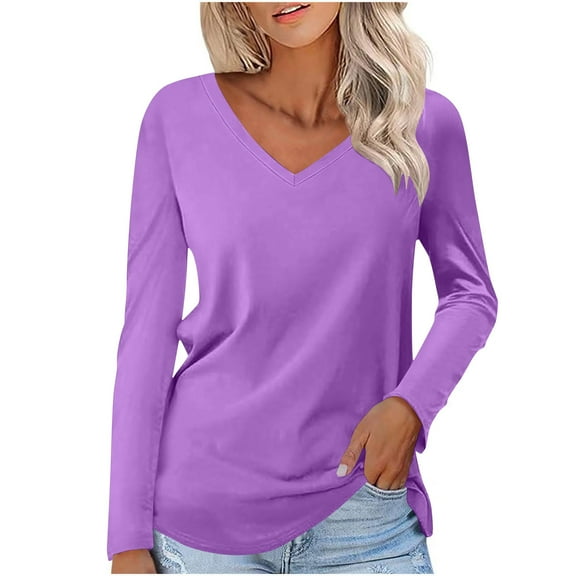 Up to 40% off Women's Fashion Casual V-neck Long Sleeve T-Shirts Solid Color Basic Tops Tees Blouses