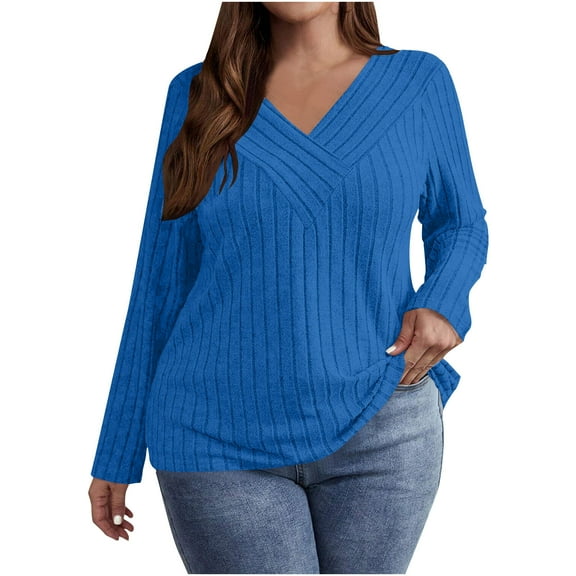 Up to 40% off Women's Plus Size Solid Color Long Sleeved V-neck Knitted T-shirt Casual Top