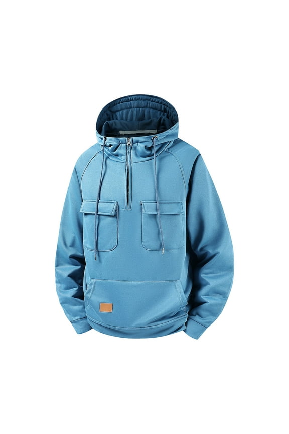 Waterproof Rain Jacket Men Lightweight Outdoor Raincoat Hooded for Hiking skiing Personalized Stand Up Collar Tactical Hoodie Warm And Loose Solid Color With Velvet Knit Sweater Sky Blue 2XL