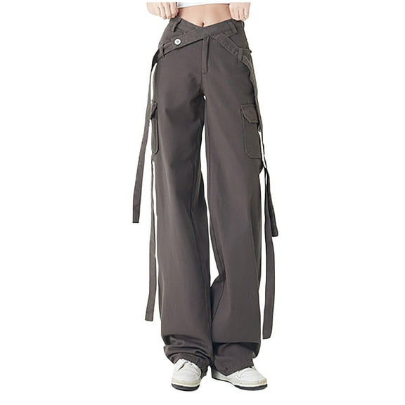 Kmdttou Wide Leg Cargo Pants Flap High Waisted Work Pants Multi-Pockets Versatile Straight Leg Pants Trousers