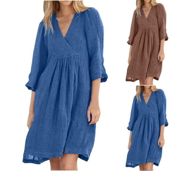 Kmdttou Women And Linen Solid Color Casual Mid Sleeve V-neck Loose Casual Dress,Women's Long Dresses Flowy Maxi for Beach