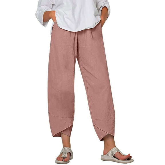 Kmdttou Women Casual Height Trimming And Waist Bouncing Solid Color And Linen Pants Cropped Pants