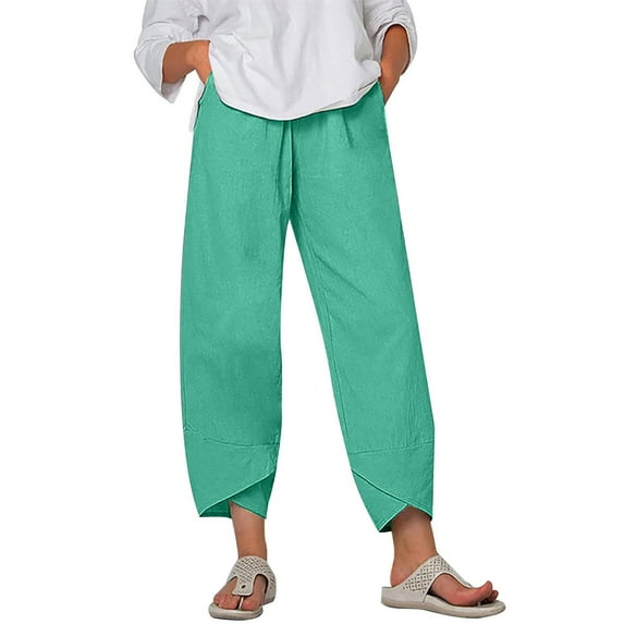 Kmdttou Women Casual Height Trimming And Waist Bouncing Solid Color And Linen Pants Cropped Pants