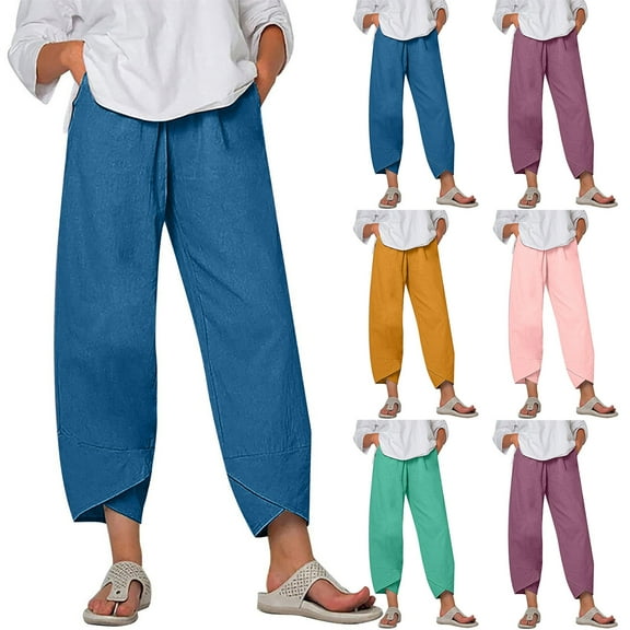 Kmdttou Women Casual Height Trimming And Waist Bouncing Solid Color And Linen Pants Cropped Pants