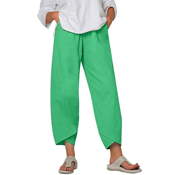 Kmdttou Women Casual Height Trimming And Waist Bouncing Solid Color And Linen Pants Cropped Pants