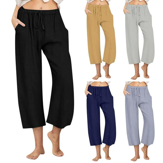 Kmdttou Women Casual Linen Drawstring Elastic Waist Wide Leg Pants Cropped Trousers on Clearance!