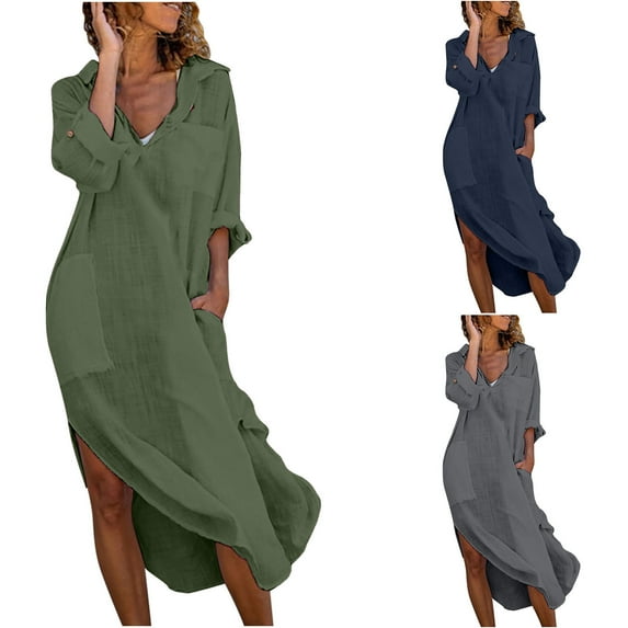 Kmdttou Women Casual Long Sleeve Dress Summer Dresses 2025 Solid Color Relaxed Fit Pockets Turn Down Collar Dresses,Women's Long Dresses Flowy Maxi for Beach