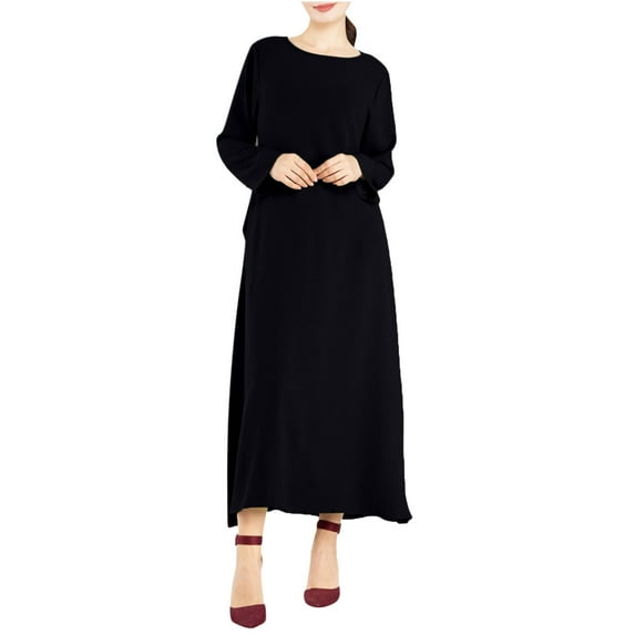 Kmdttou Women Casual Long Sleeve Dress Summer Dresses 2025 Solid Color Relaxed Fit for Round Neck Solid Color Pocket Dress,Fashionable Casual Dresses for Women 2025