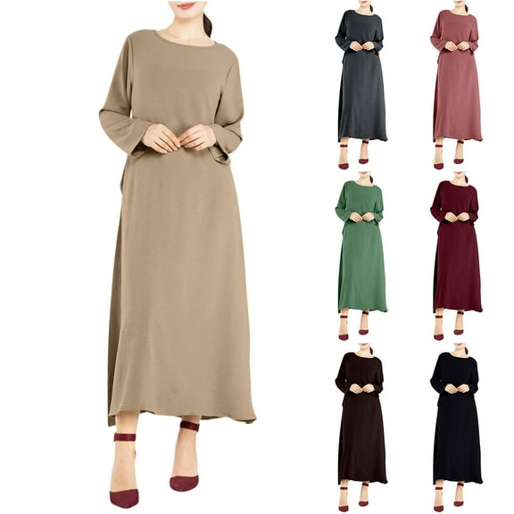 Kmdttou Women Casual Long Sleeve Dress Summer Dresses 2025 Solid Color Relaxed Fit for Round Neck Solid Color Pocket Dress,Fashionable Casual Dresses for Women 2025