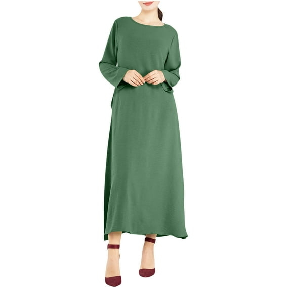 Kmdttou Women Casual Long Sleeve Dress Summer Dresses 2025 Solid Color Relaxed Fit for Round Neck Solid Color Pocket Dress,Fashionable Casual Dresses for Women 2025