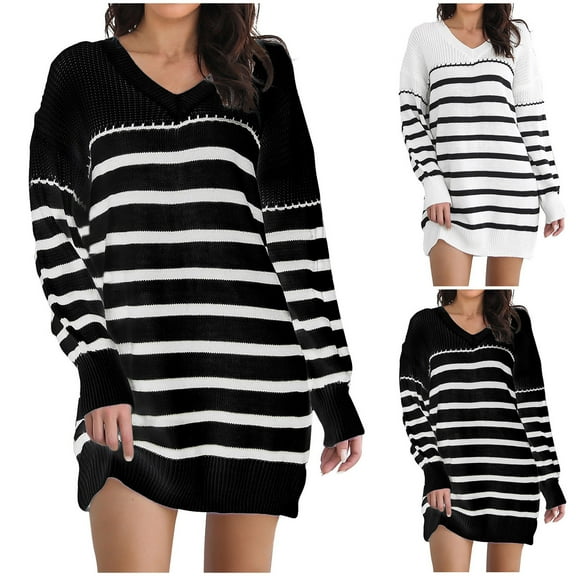 Kmdttou Women Fashion Plus Size Casual Solid Color V Neck Long Sleeve Sweater Knitted Stripe Dress,Fashionable Casual Dresses for Women 2025