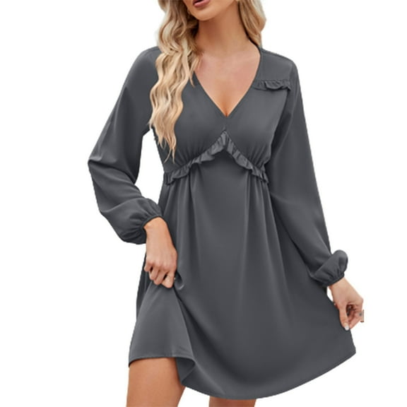 Kmdttou Women Long Sleeve Fashion Plus Size Solid Color V-Neck Short Skirt Casual Dress,Chic Day Dresses for Ladies Summer Wear