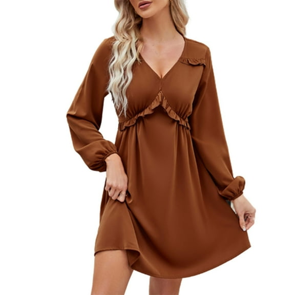 Kmdttou Women Long Sleeve Fashion Plus Size Solid Color V-Neck Short Skirt Casual Dress,Chic Day Dresses for Ladies Summer Wear