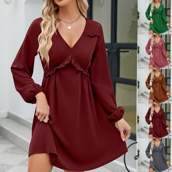 Kmdttou Women Long Sleeve Fashion Plus Size Solid Color V-Neck Short Skirt Casual Dress,Chic Day Dresses for Ladies Summer Wear