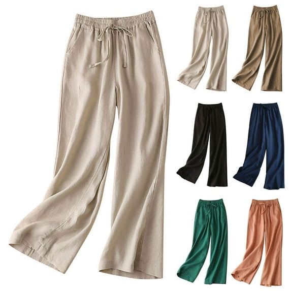 Kmdttou Women Loose Fitting High Waisted Linen Wide Leg Long Pants Appear Slim And Color Pants on Clearance!