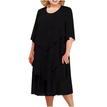Kmdttou Women Plus-Size Dress FashionSolid Color Patchwork Chiffon Middle Sleeved Round Neck Dress,Chic Day Dresses for Ladies Summer Wear
