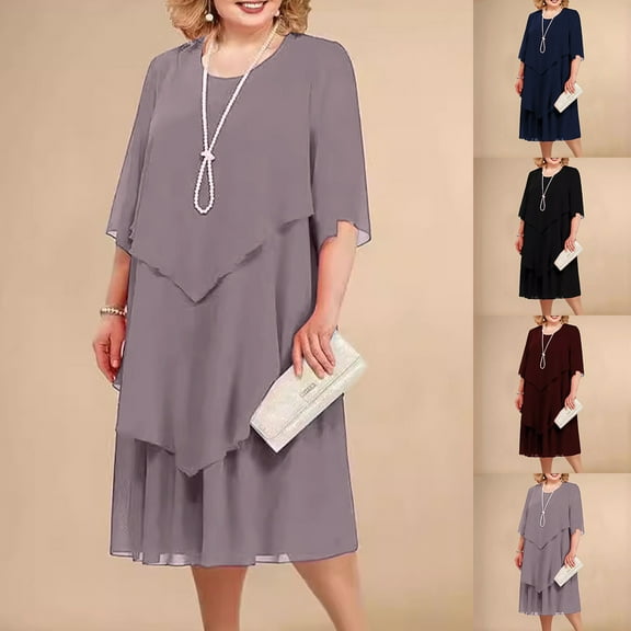 Kmdttou Women Plus-Size Dress FashionSolid Color Patchwork Chiffon Middle Sleeved Round Neck Dress,Chic Day Dresses for Ladies Summer Wear