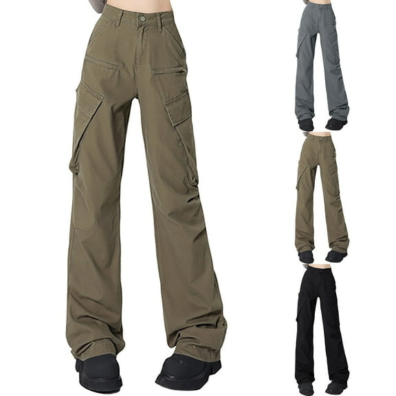 Kmdttou Women Plus Size Flap High Waisted Work Pants Multi-Pockets Versatile Straight Leg Pants Trousers