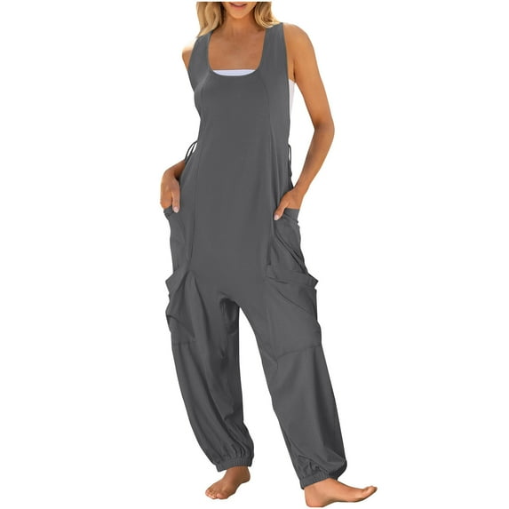 Kmdttou Women Pullover Hoodie Pockets for Women'S Spring/Summer Solid Color Casual Round Neck Sleeveless Waist Pocket Sports Jumpsuit Pants on Clearance!