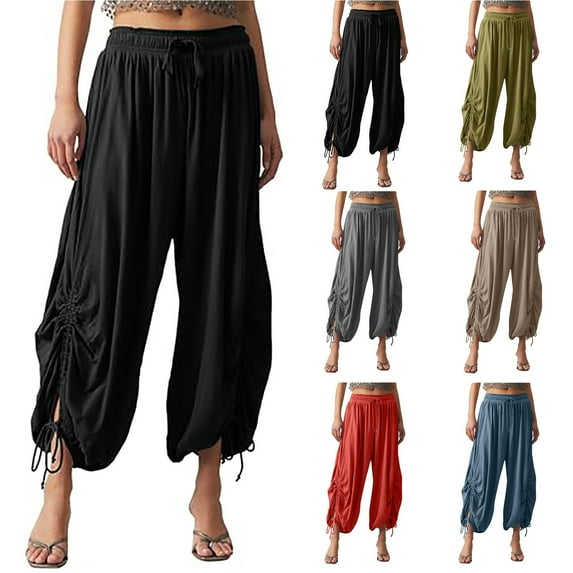 Kmdttou Women Solid Color Drawstring Linen Casual Loose Casual Wide Leg Straight Leg Cropped Pants With Pockets Cropped Pants
