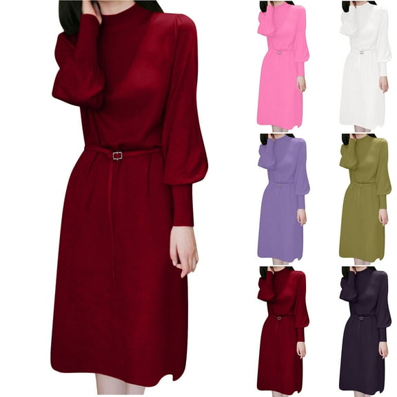 Kmdttou Women Solid Color Semi High Neck New Mid To Long Slim Sleeve With Knitted Long Sleeved Dress Inside The Head,Fashionable Casual Dresses for Women 2025