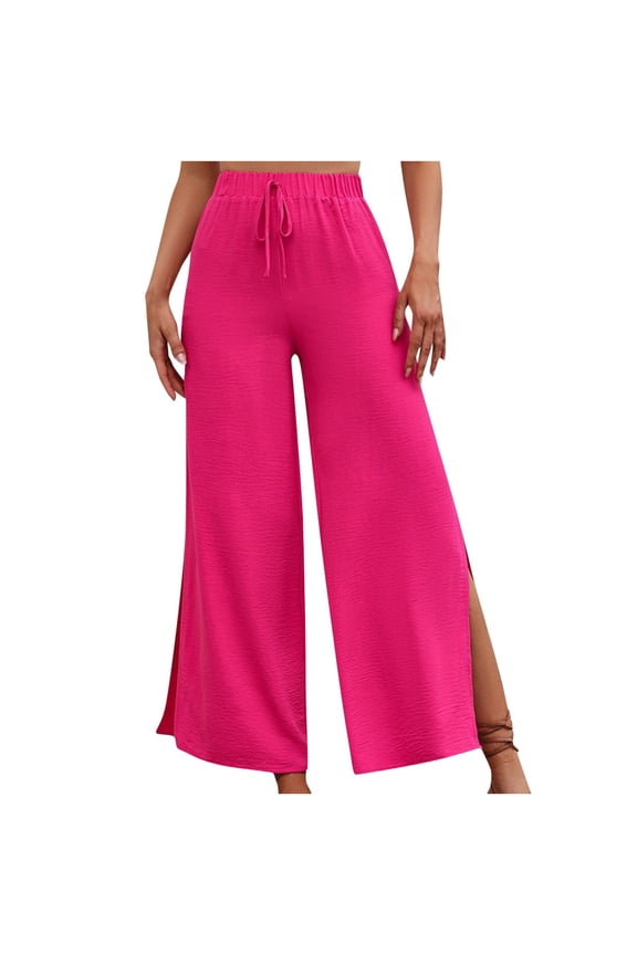 Women Solid Color Side Slit Loose Wide Leg Pants
